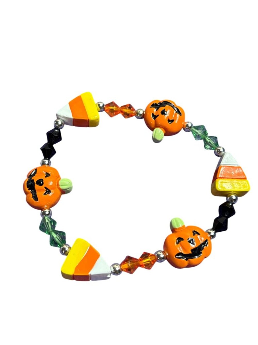 Halloween Stretchy Bracelet Beaded Jack O Lanterns Candy Corn 6.75" Unstretched